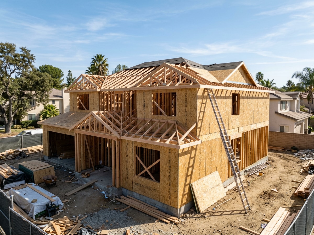 Framed custom home structure with exposed roof trusses and sheathing on an Orange County lot