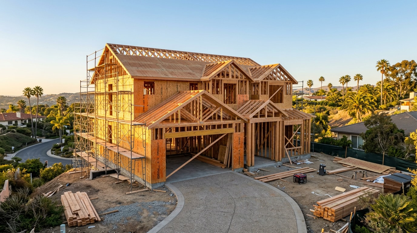 Custom home under construction in Orange County with framing and foundation complete