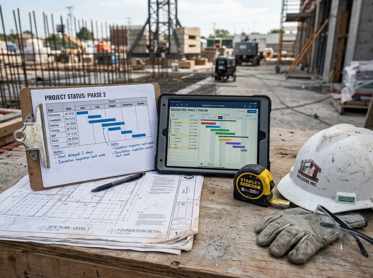 Side-by-side comparison chart of design-build versus design-bid-build timelines on a jobsite clipboard