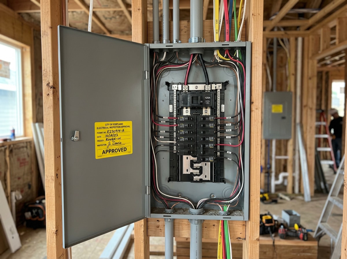 Electrical subpanel with a visible permit inspection sticker on an Orange County remodel