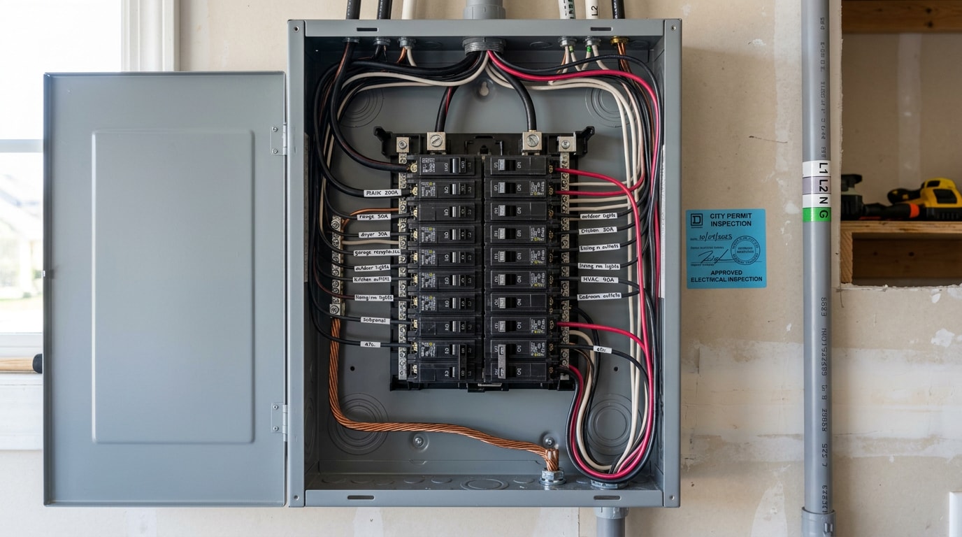 Residential electrical panel with labeled breakers and a permit inspection sticker