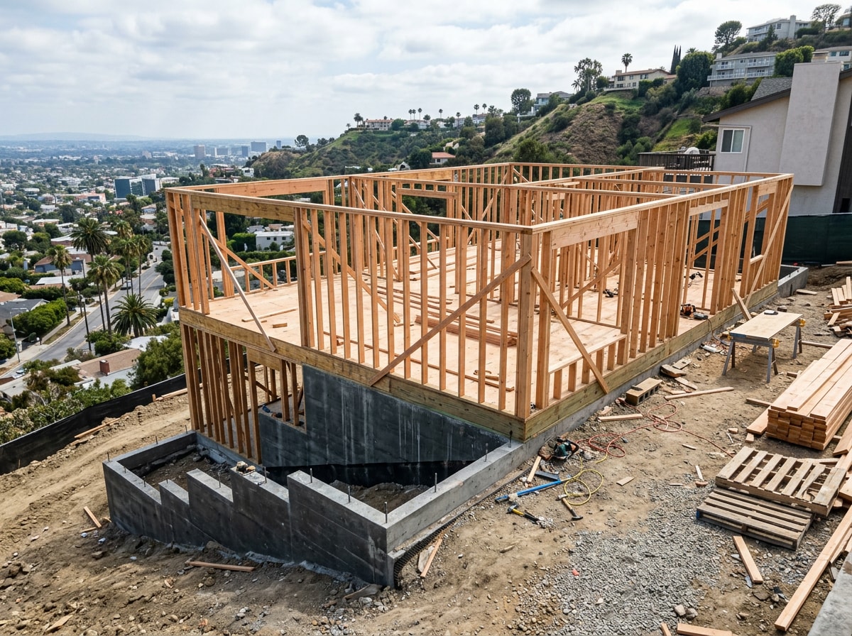 Newly poured foundation and framed first floor of a custom home under construction on a hillside lot in Los Angeles County