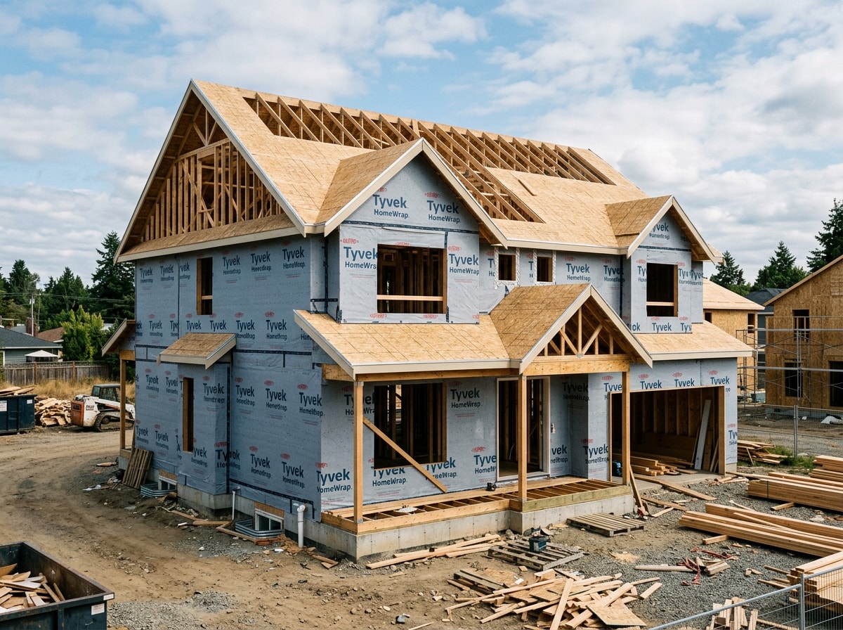 Framed house mid-construction with roof trusses and sheathing installed at the dry-in stage