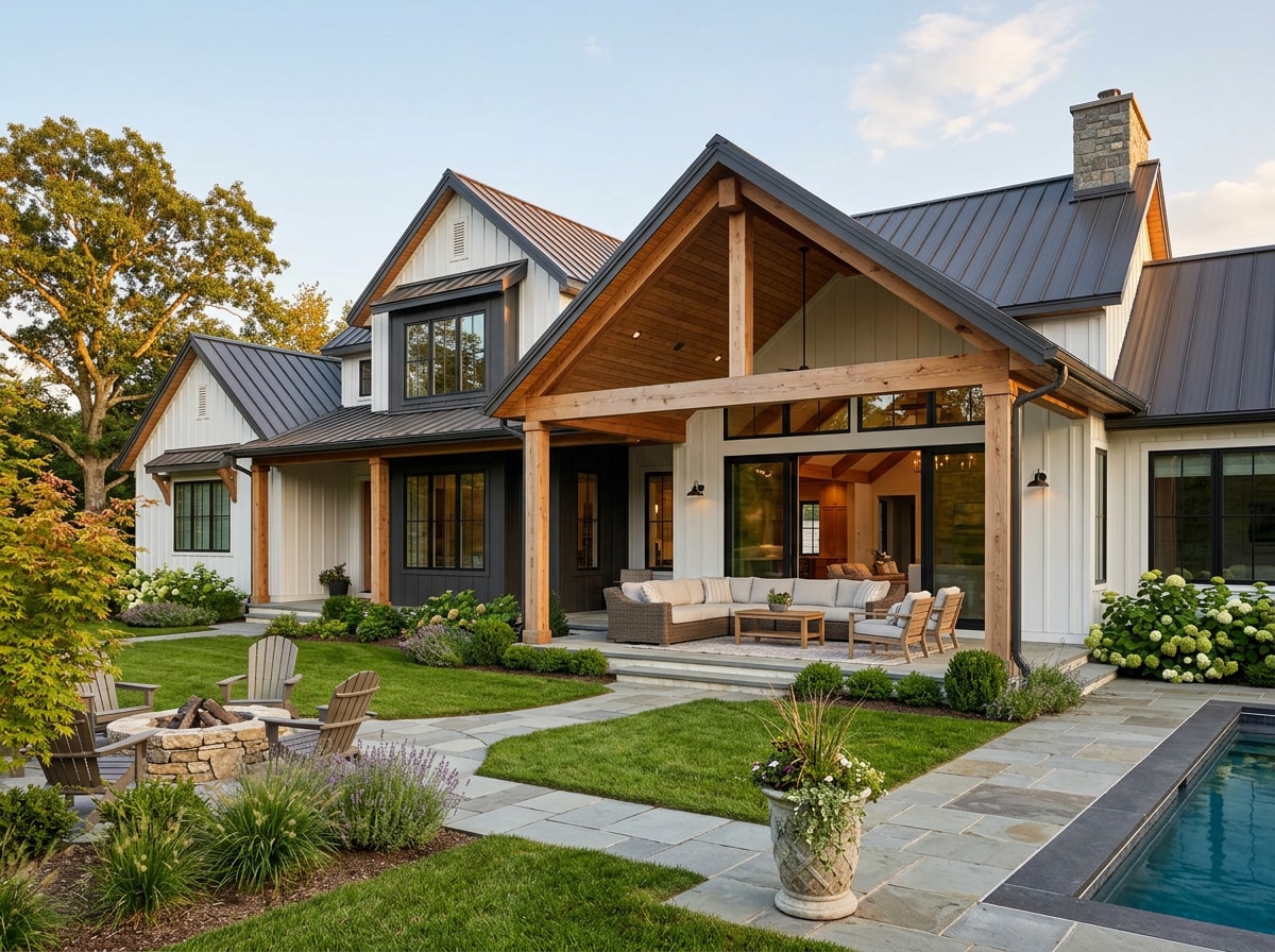Finished modern farmhouse style custom home exterior with covered patio and indoor-outdoor living design