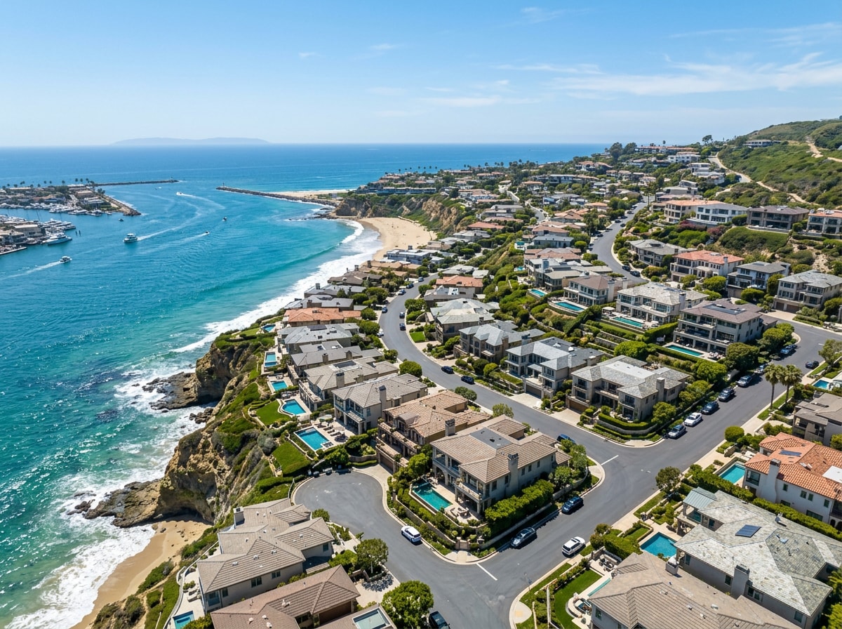 Coastal hillside neighborhood in Newport Beach showing luxury homes near the shoreline