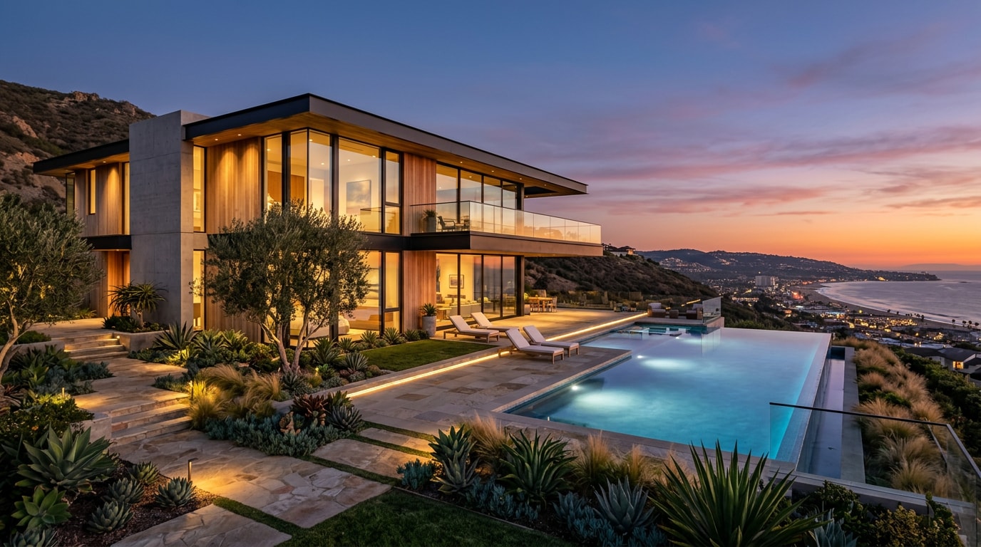 Modern luxury home exterior in Orange County with large windows and clean architectural lines
