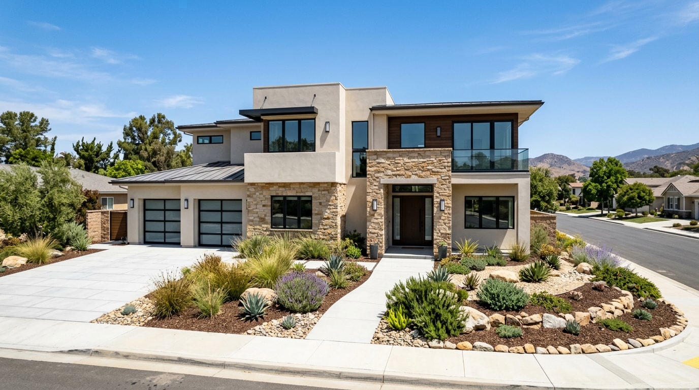 Newly built custom home exterior in Riverside County, CA