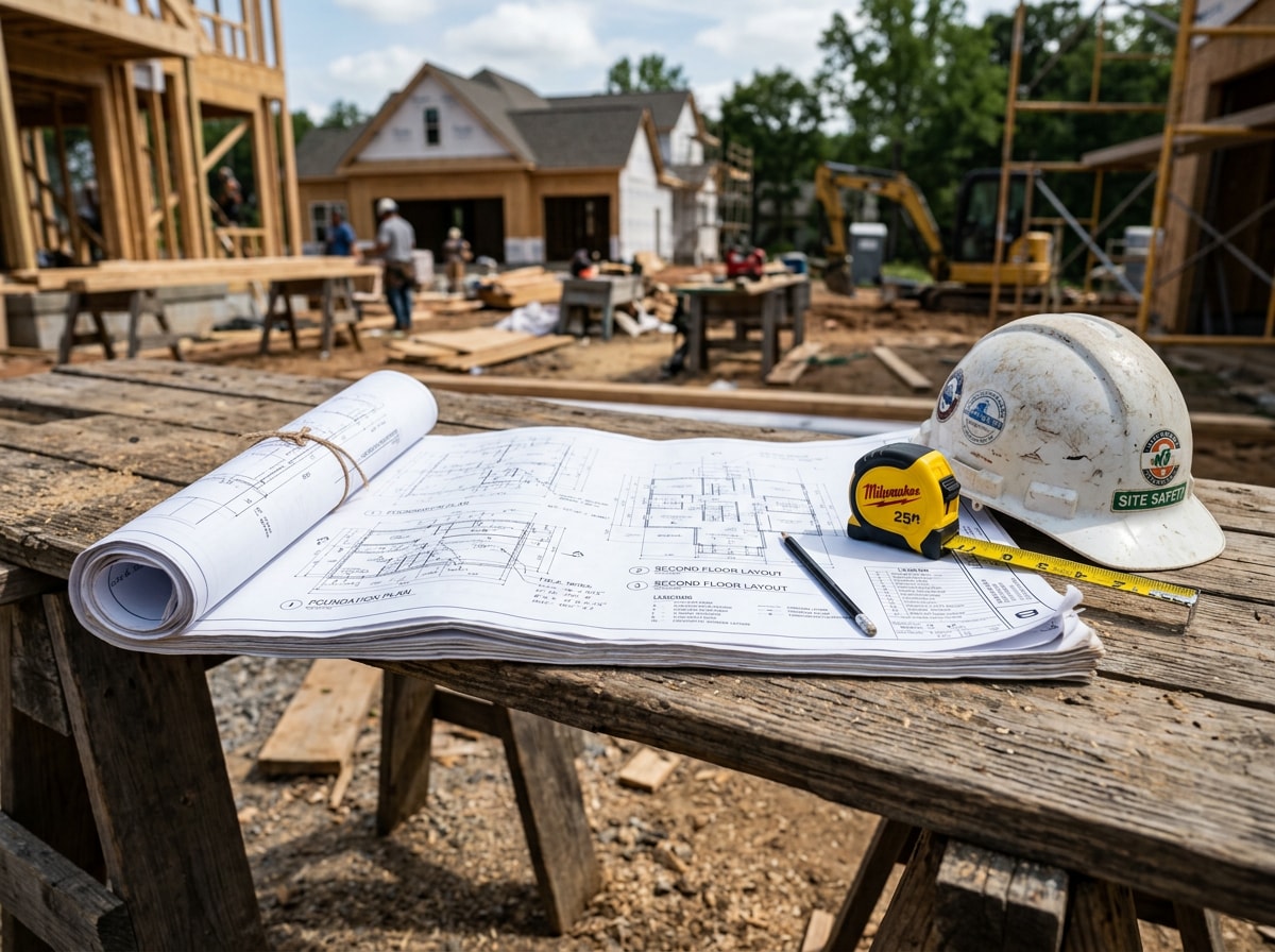 New home contractor reviewing blueprints on a construction site in Los Angeles County