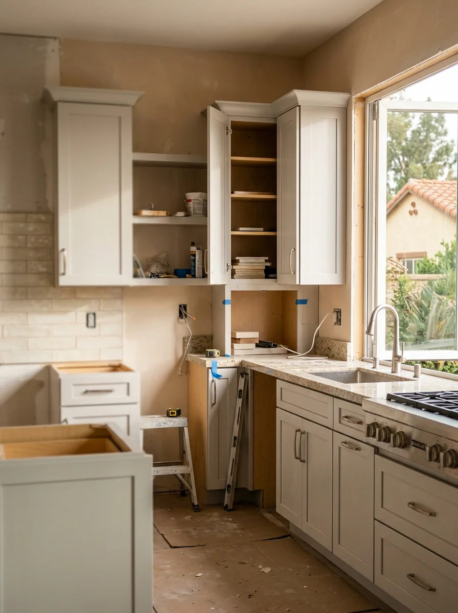 Modern kitchen remodel in Anaheim home showing updated cabinetry, countertops, and heat-resistant finishes