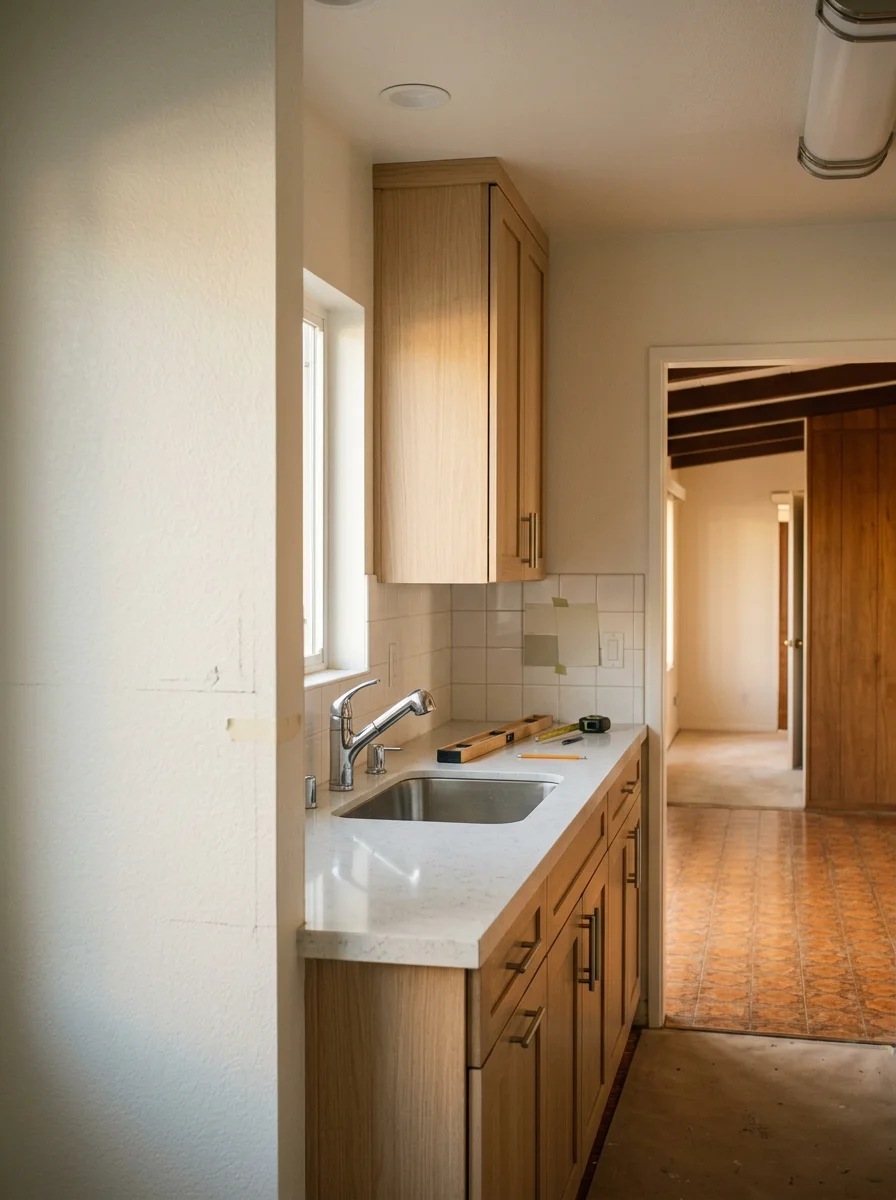 Huntington Beach kitchen remodel featuring modern cabinetry, coastal-resistant finishes, and updated plumbing fixtures in a mid-century home