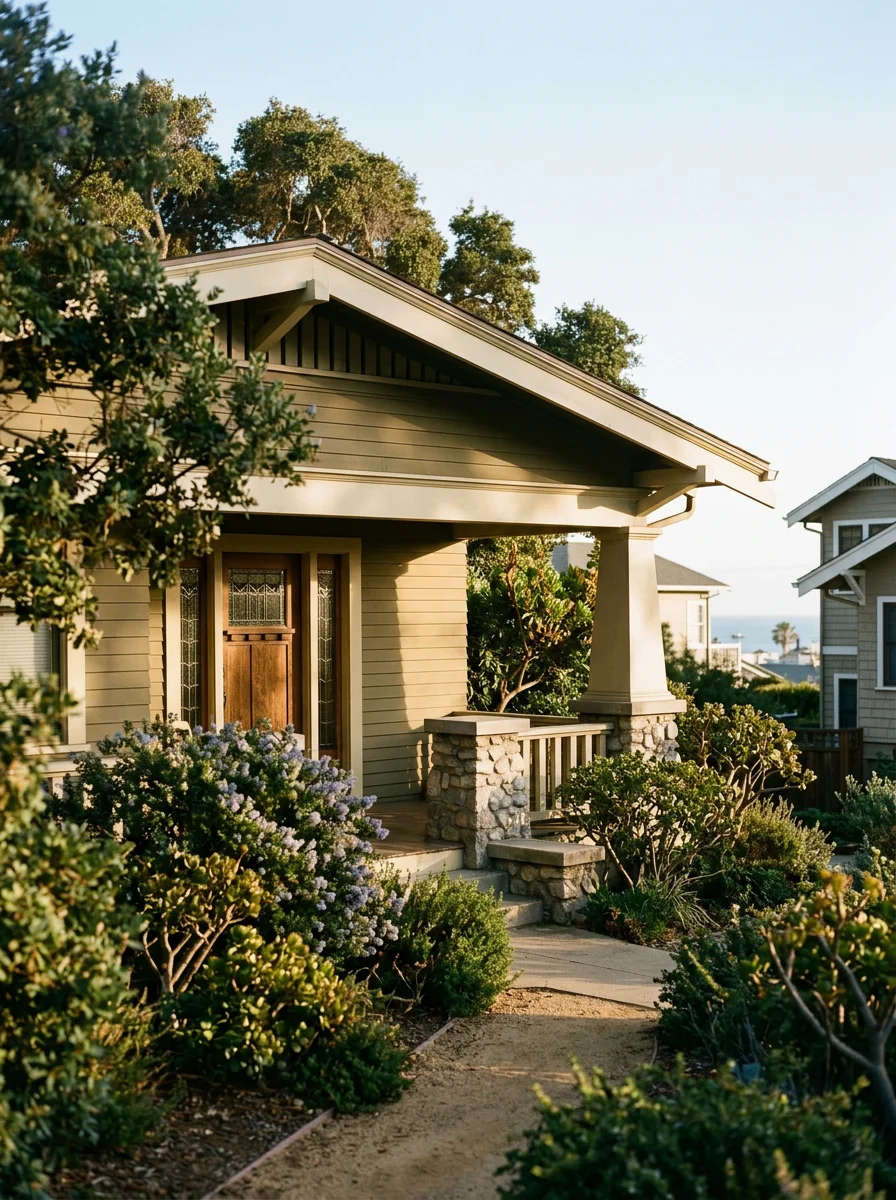 Craftsman bungalow with mature landscaping and ocean-view potential in Long Beach residential area