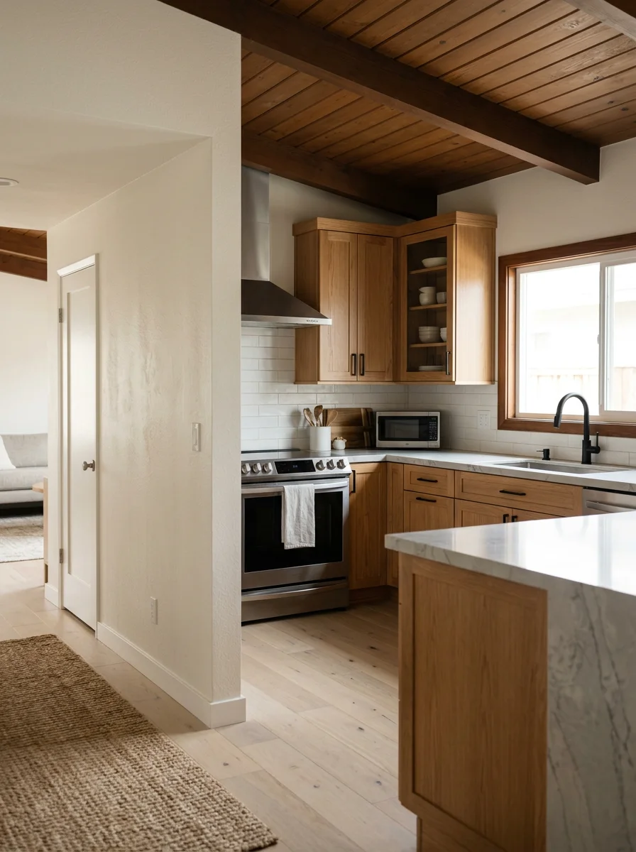 Modern kitchen remodel in Mission Viejo 1970s ranch-style home with open-concept layout and updated cabinetry