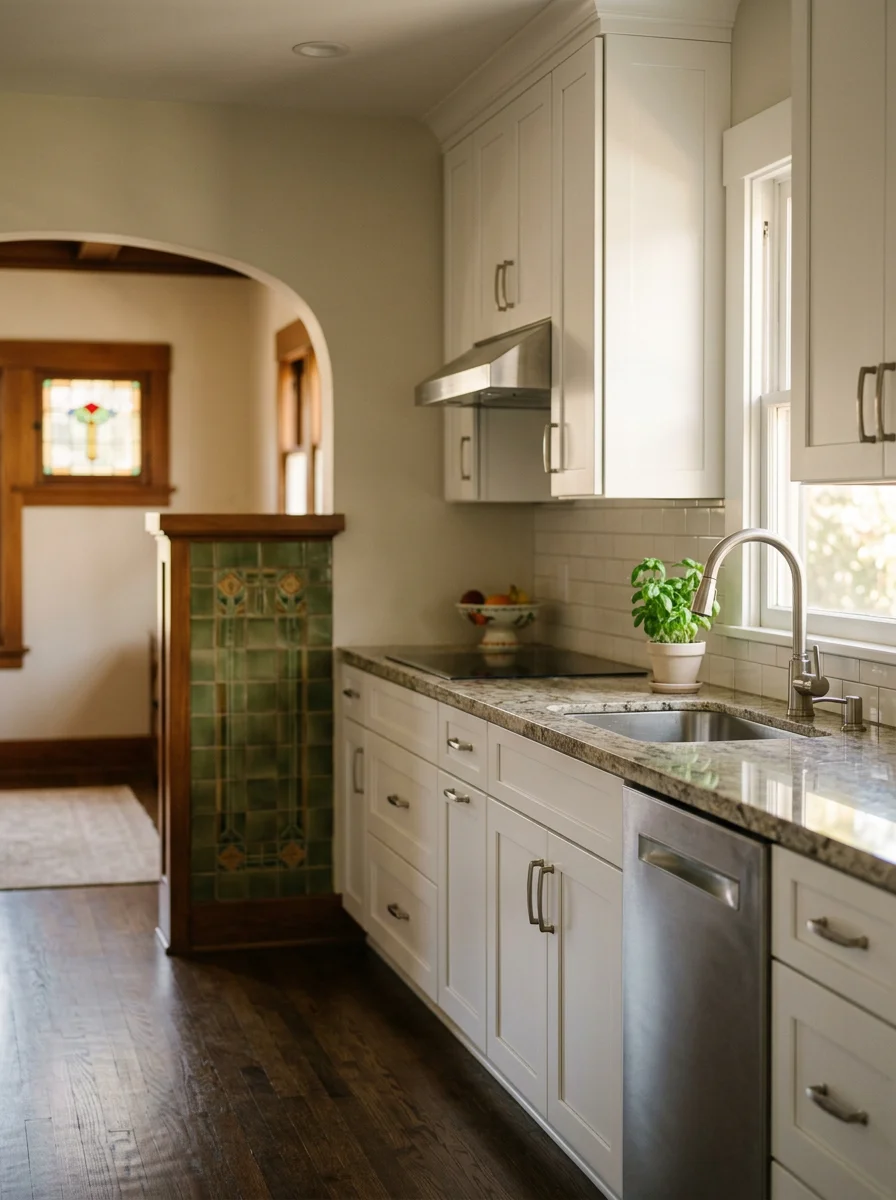 Modern kitchen remodel in a Pasadena home with custom cabinetry, granite countertops, and stainless steel appliances