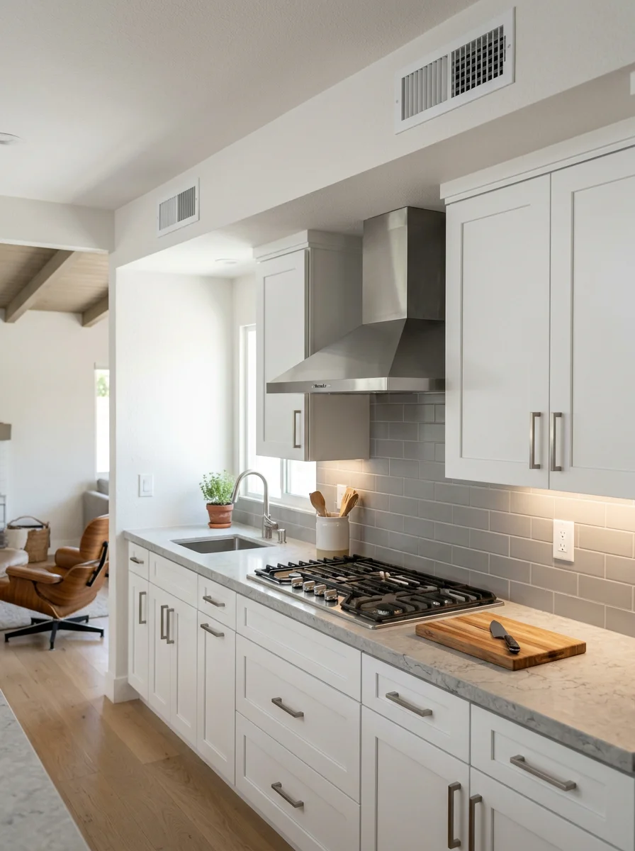 Modern kitchen remodel in a Sherman Oaks home, showing updated cabinetry, countertops, and HVAC vents for Valley heat management