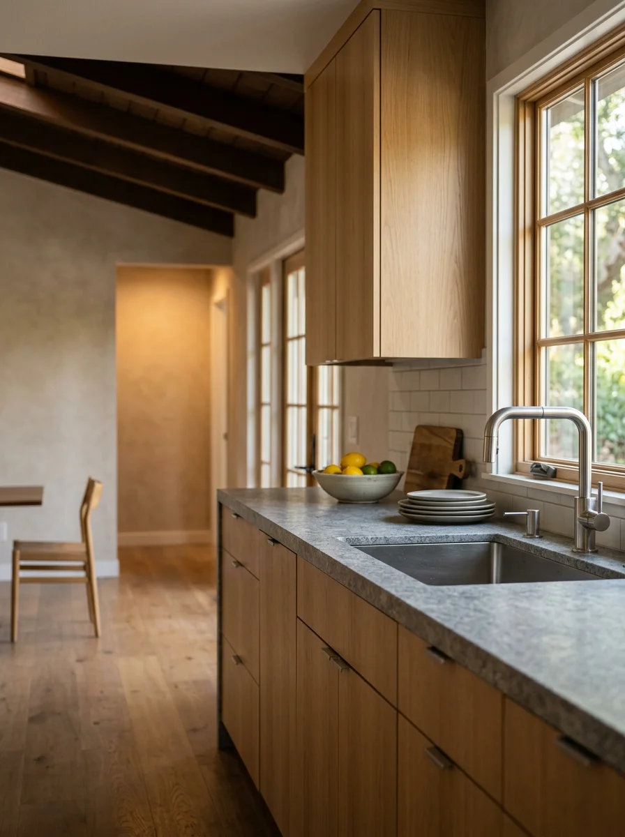 Modern kitchen remodel in a Thousand Oaks home with custom cabinetry and countertops