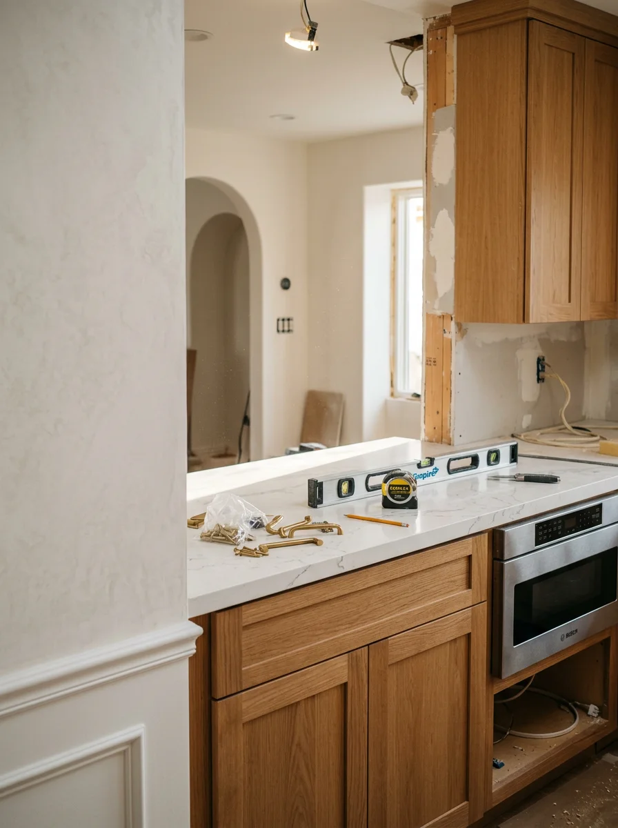 Interior kitchen remodeling in progress showing updated cabinetry, countertops, and modern appliances in a Ventura home.