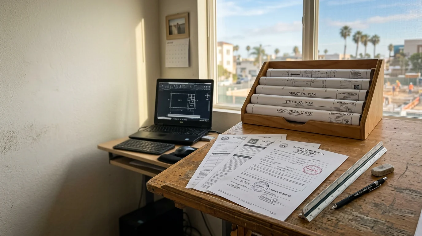 Architectural floor plan and structural engineering drawings for a new ADU and 2-car garage conversion project managed by Dynamic Quality Builders Inc. Permit-ready document set laid out on a work surface showing site plan, framing details, and Title 24 energy compliance sheets.