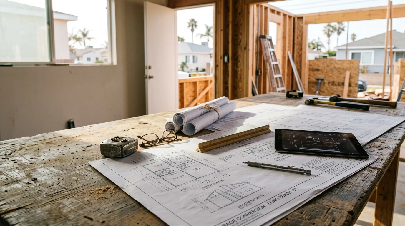 Architectural building design plans laid out on a table alongside a scale model of a new ADU and garage conversion project. A general contractor reviews the drawings at a residential construction site.