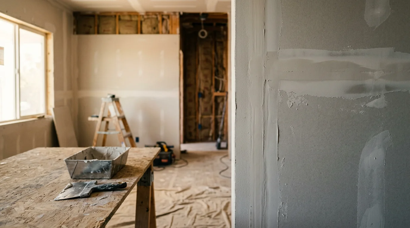 Interior of a newly drywalled room inside a garage-to-ADU conversion, showing smooth, taped, and sanded walls ready for paint. The space reflects finished drywall work completed as part of a residential ADU project by Dynamic Quality Builders Inc.