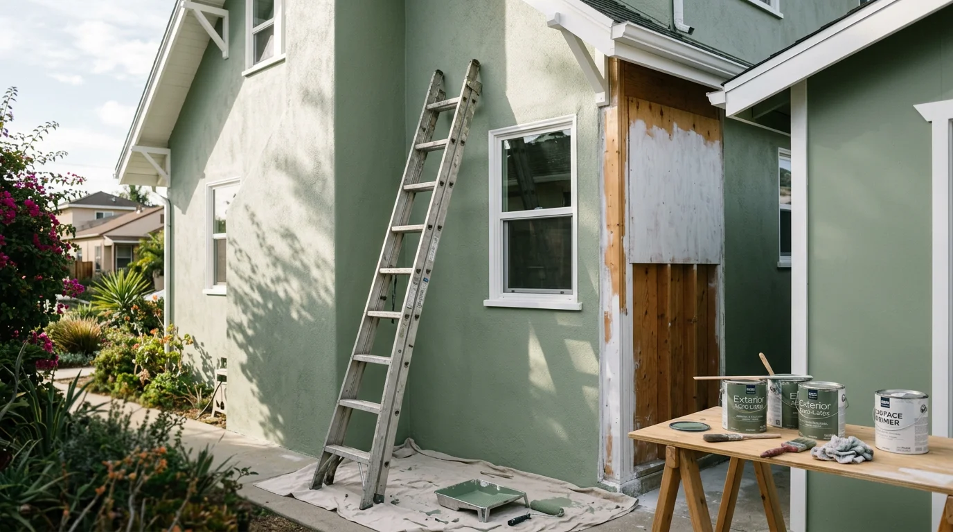 Freshly painted exterior of a newly converted garage ADU with walls matching the primary home, showing clean trim lines and a framed entry door. The finished exterior reflects completed construction work by Dynamic Quality Builders Inc.