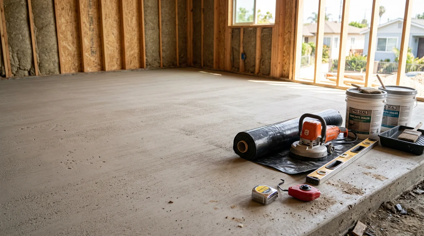 Finished flooring installed inside a newly converted garage ADU, showing a clean residential floor surface over a prepared concrete slab. The space reflects a livable interior with smooth, level flooring throughout the open-plan layout.