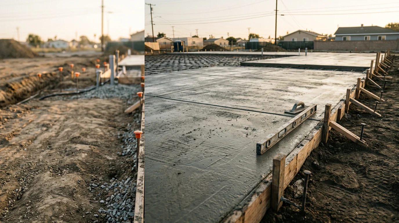 Fresh concrete foundation pour for a new ADU project, with rebar reinforcement visible and formwork in place on a residential lot. A general contractor crew works on site as part of a new construction build.