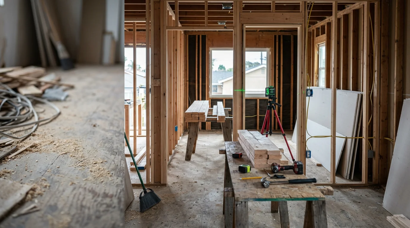 Interior of a fully remodeled home showing an open-concept living and kitchen area with updated finishes throughout. Dynamic Quality Builders Inc. whole house remodeling project in the service area.