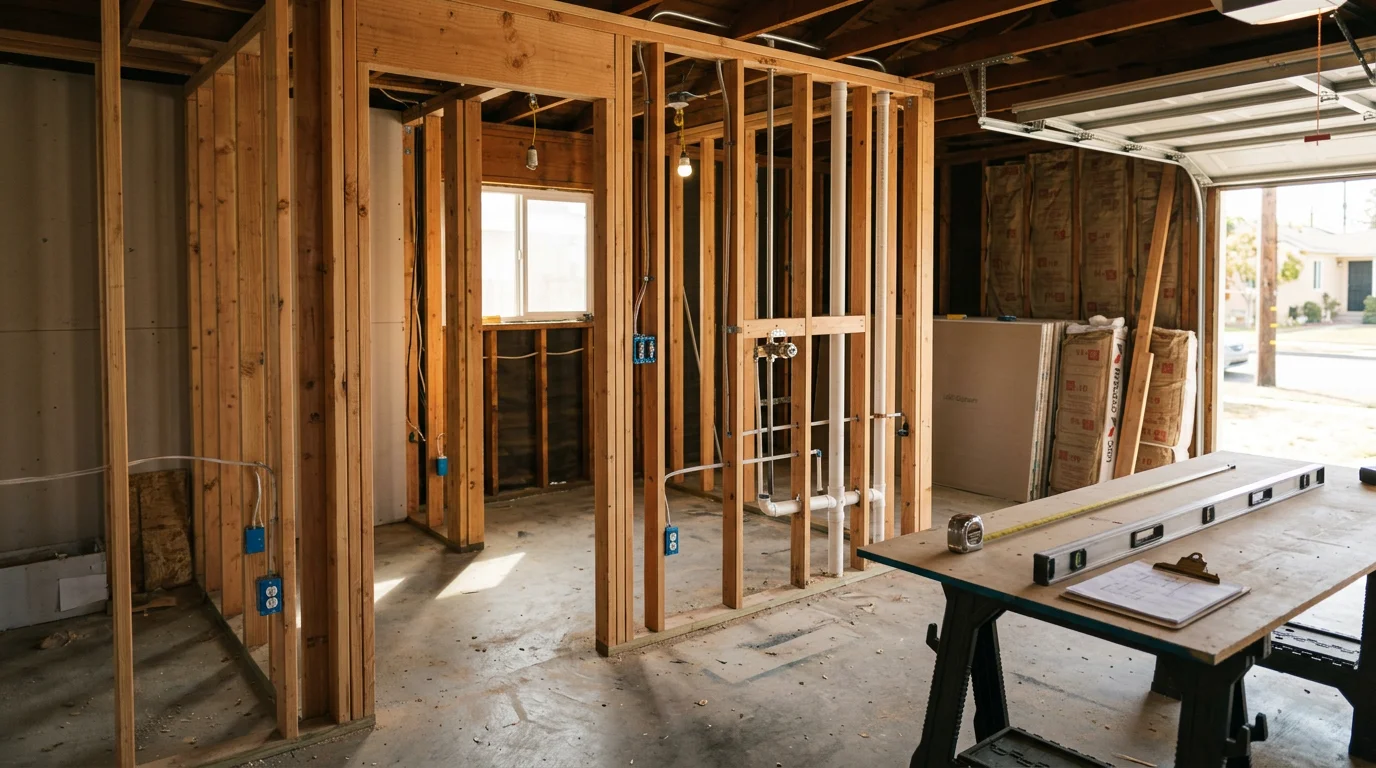 A converted 2-car garage transformed into a finished ADU with a private entrance, new windows, and exterior siding that matches the main home. The interior shows a compact kitchen, living area, and bathroom ready for occupancy.