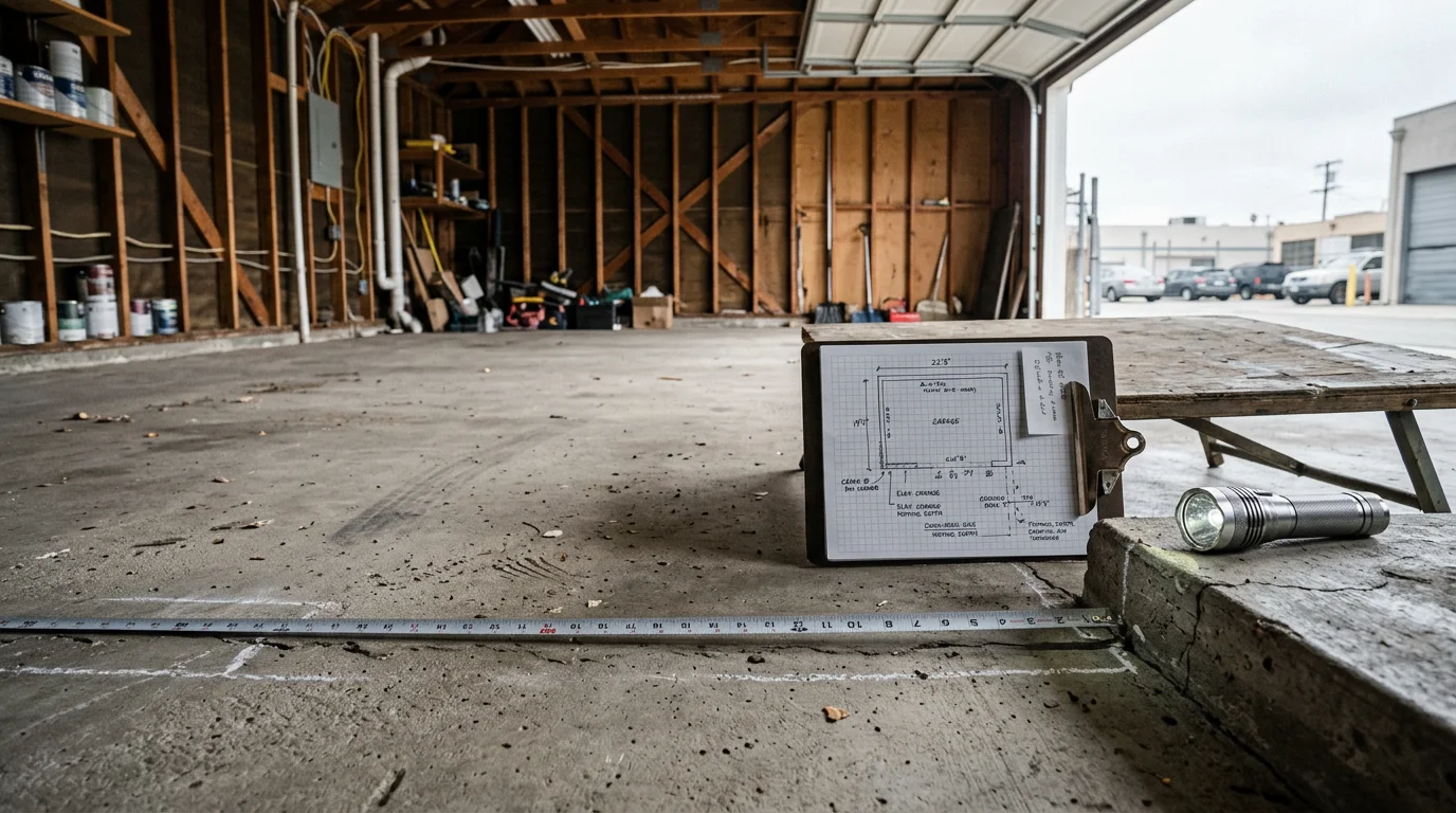 Interior view of a 2-car garage mid-conversion into an ADU, showing framed walls, a new window opening where the garage door was, and a concrete slab prepared for a raised residential floor system. A general contractor reviews design plans on-site during a design consultation.