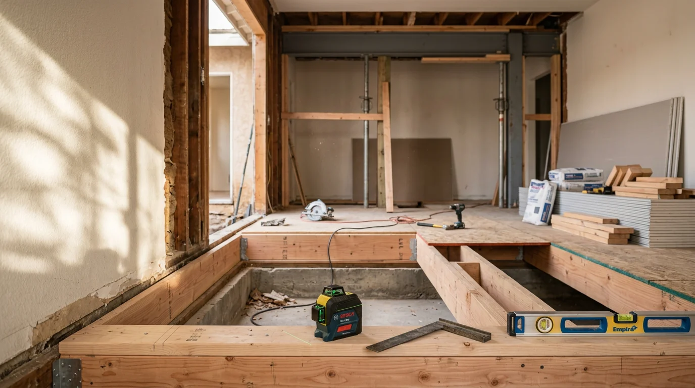 Interior structural framing repair in progress inside a 2-car garage being converted to an ADU, showing reinforced load-bearing wall framing and new floor system work. A general contractor inspects beam and header placement during the structural phase of the conversion.