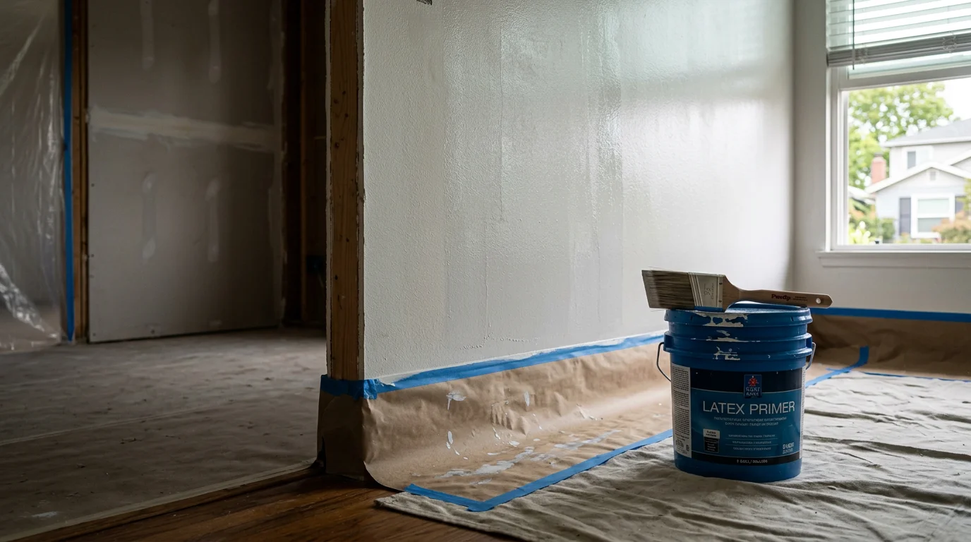 Freshly painted interior walls of a newly converted ADU space, showing smooth drywall finish and clean trim work. The room is part of a garage conversion project completed by Dynamic Quality Builders Inc.