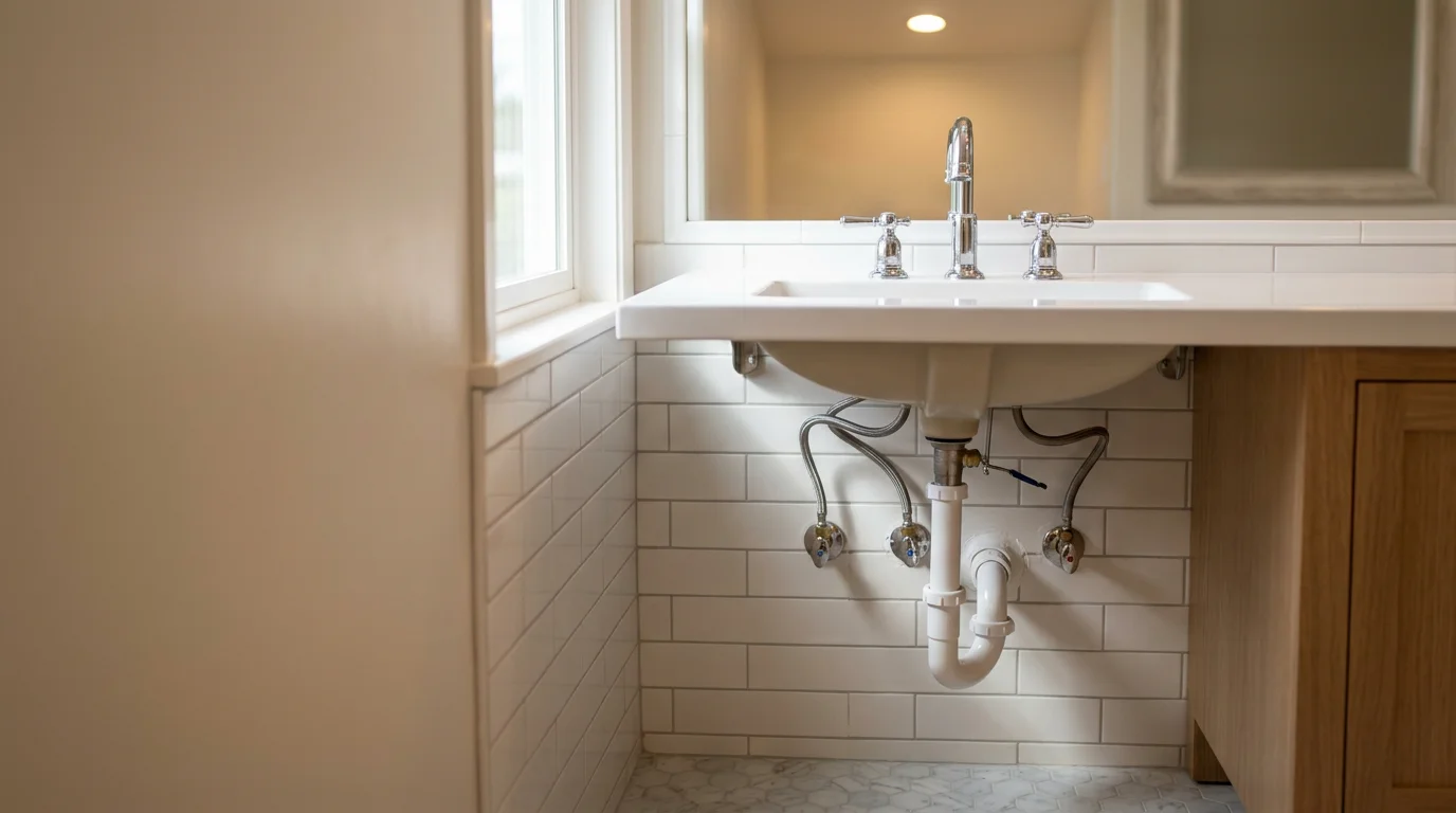 Newly installed bathroom fixtures including a toilet, wall-mount sink, and walk-in shower inside a finished garage-to-ADU conversion. The space shows clean supply line connections and a tiled wet area ready for occupancy.