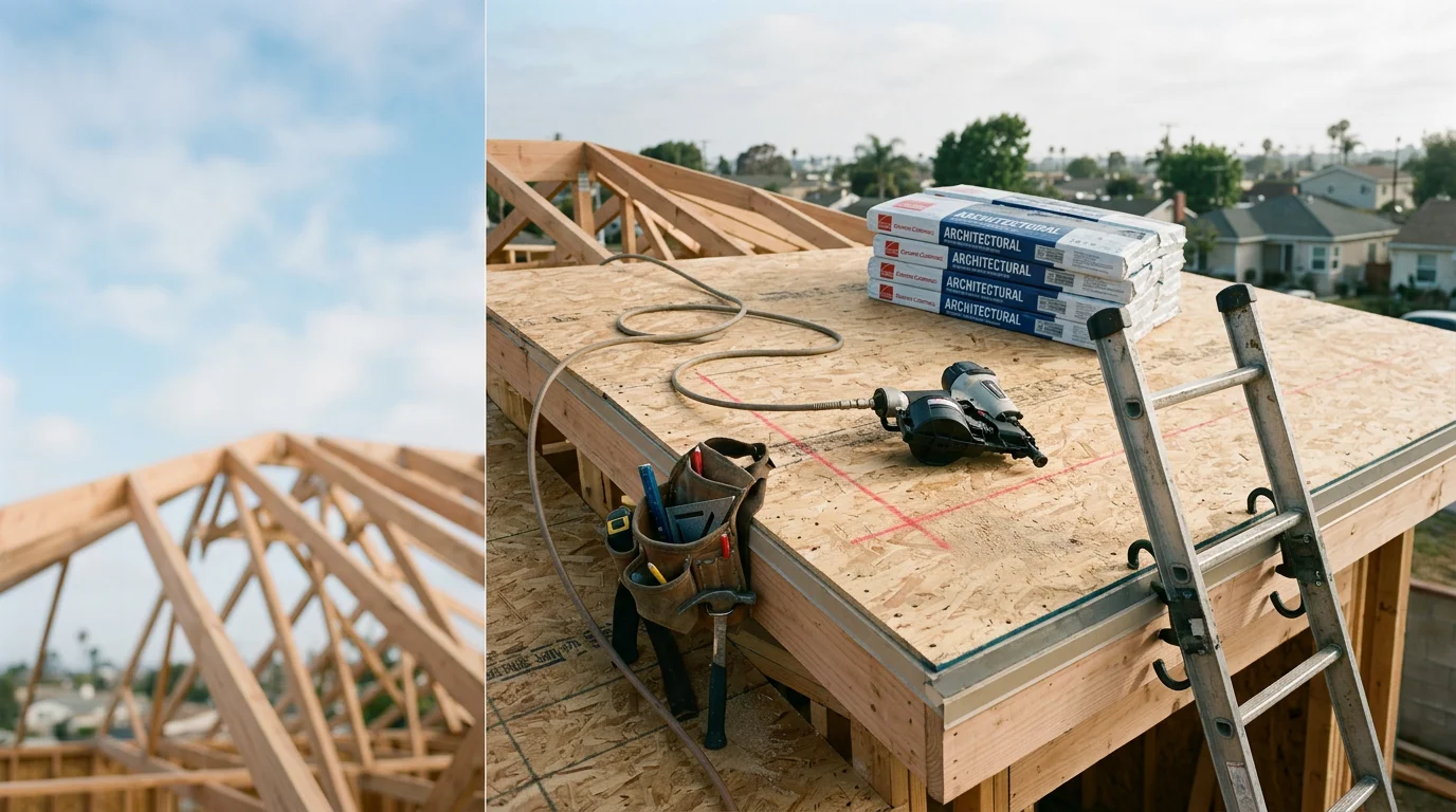 A newly installed roof on a detached ADU built by Dynamic Quality Builders Inc., showing clean roof lines and finished exterior framing. The structure is part of a residential property with new construction visible in the background.