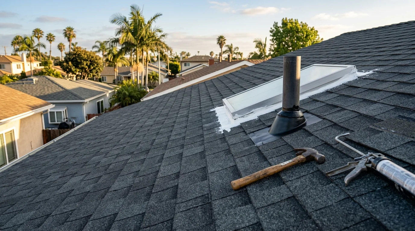 A general contractor inspecting and repairing a residential roof on a home undergoing a whole-house remodel. Close-up view of repaired flashing and shingles on a single-family property in a residential construction area.