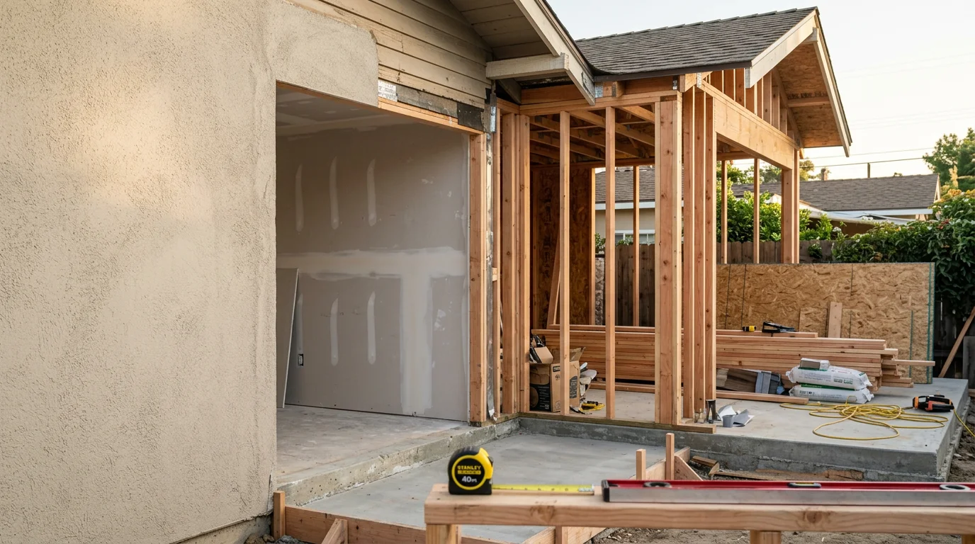 A newly completed room addition attached to a single-family home, showing framed exterior walls tied into the existing roofline and fresh exterior siding matched to the original structure. Interior view of the finished addition space with natural light from new windows and clean drywall ready for paint.