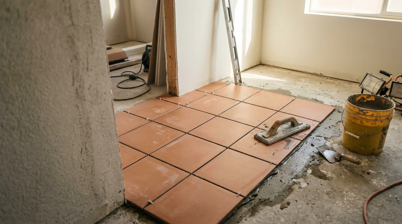 Freshly installed floor and wall tile in a newly converted ADU bathroom, showing clean grout lines and a moisture-ready finish. The space is part of a 2-car garage conversion completed by Dynamic Quality Builders Inc.
