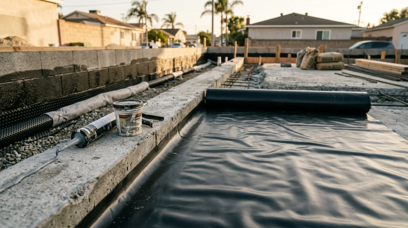 A concrete slab foundation being prepared with a moisture barrier during a 2-car garage conversion to ADU by Dynamic Quality Builders Inc. The image shows exposed framing and waterproofing membrane applied to the floor and lower wall sections before interior finishes are installed.